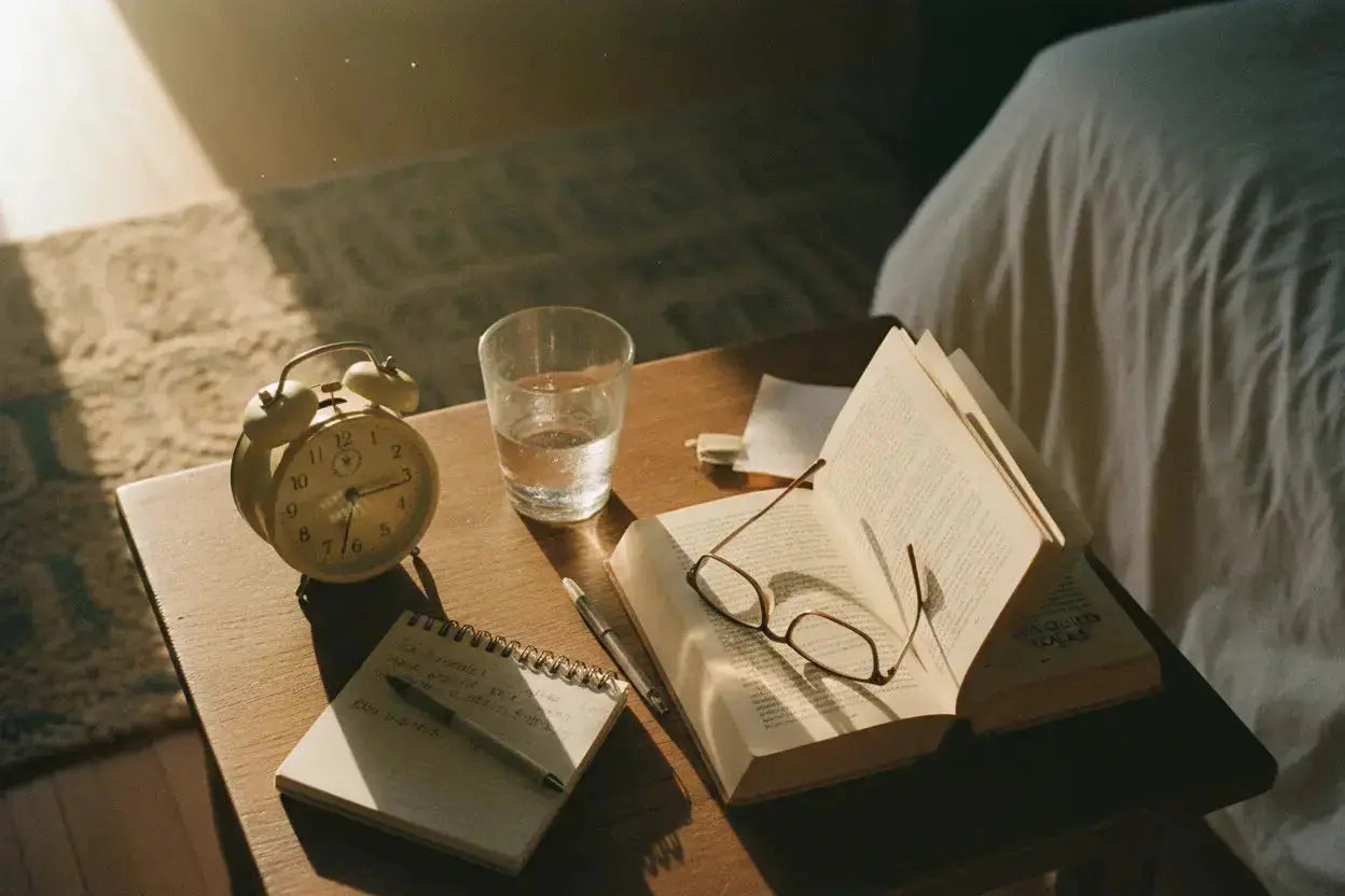 morning setting with alarm, glass of water, book and notebook