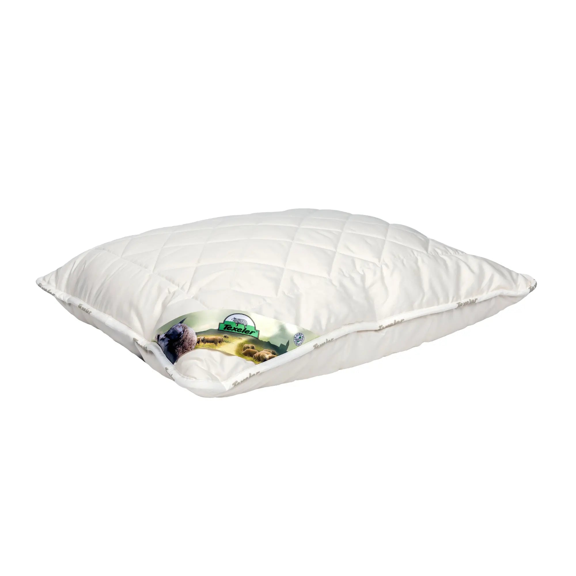 White pillow with a visible brand logo on a white background