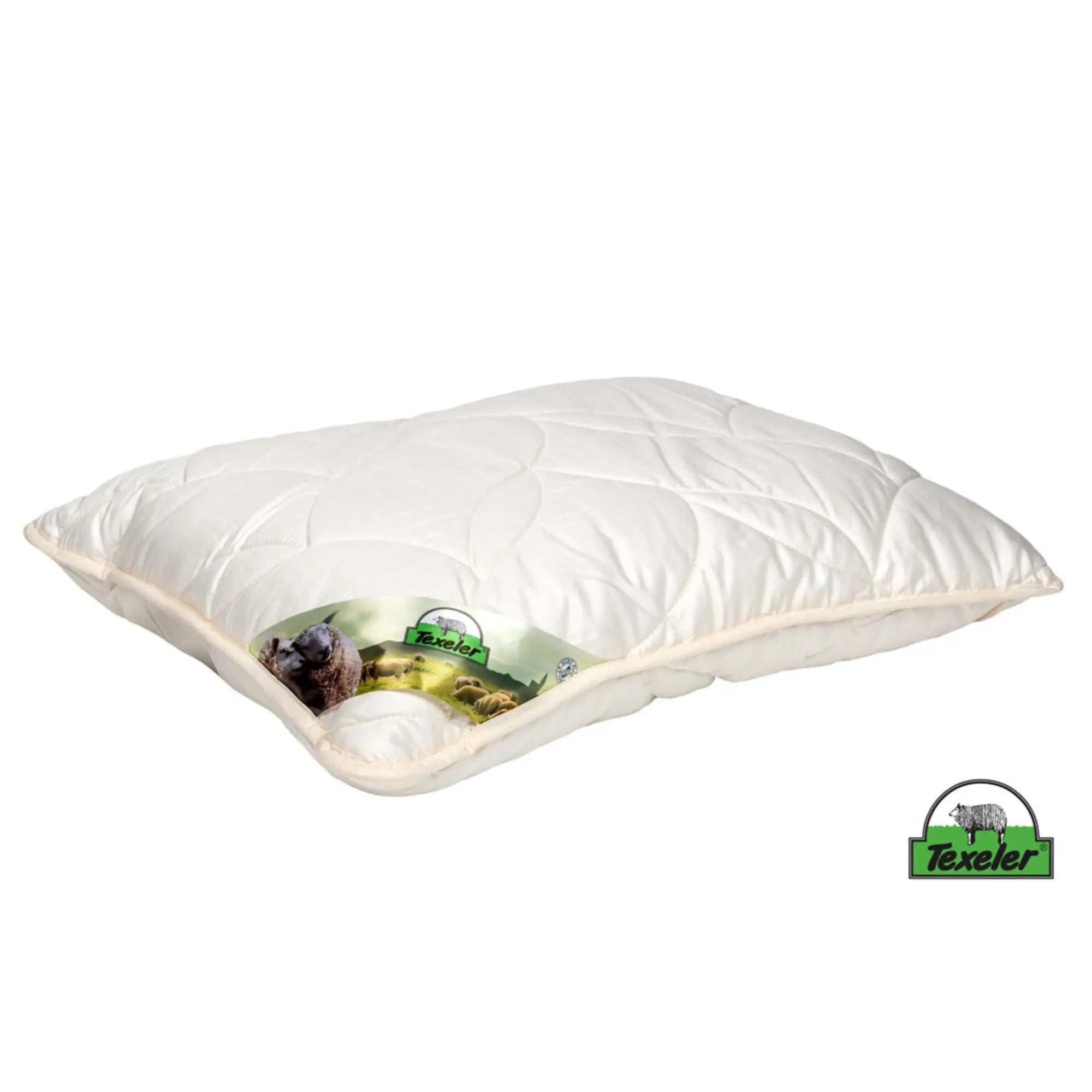 An Texeler Soezz Organic Wool pillow with a white cover showing the brand logo laying flat on a white background